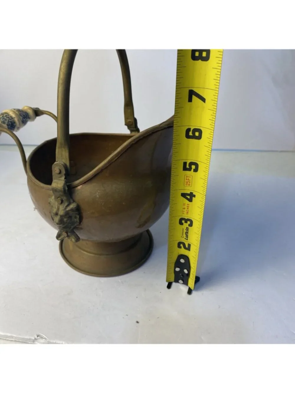 Vintage Copper Brass Coal Scuttle Bucket Delft Handle Lion Head Small